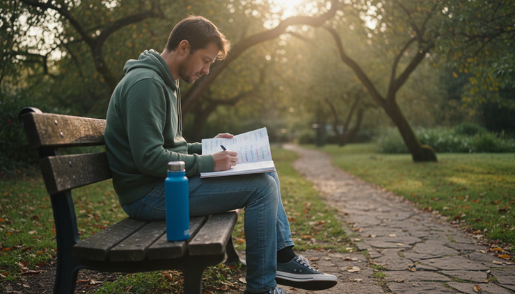Wide-angle view of a person reading a language notebook in a quiet public garden.