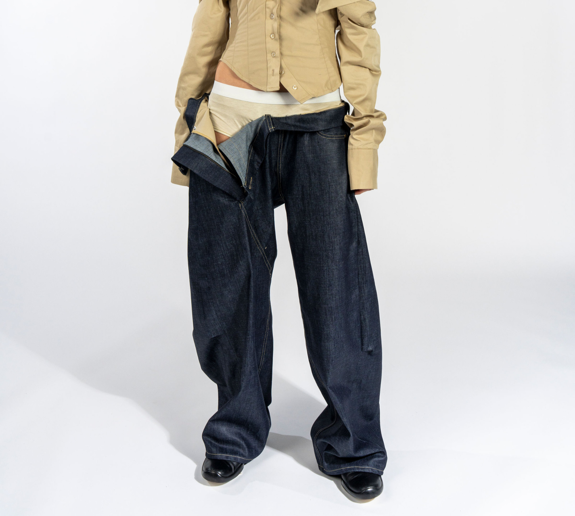 Falling Jean and Boy-short in Coated Dark Wash Denim