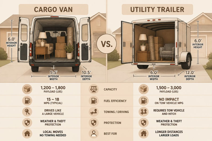 Infographic comparing cargo van and utility trailer options for a small move with interior storage layouts