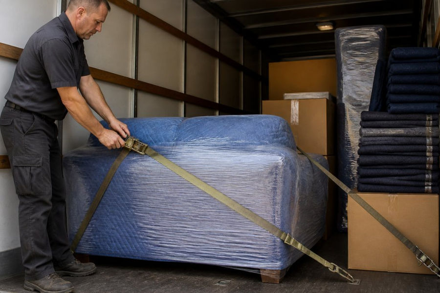 A person in work clothes using tie-down straps to secure a wrapped sofa inside an enclosed moving trailer, with moving blankets and boxes stacked nearby