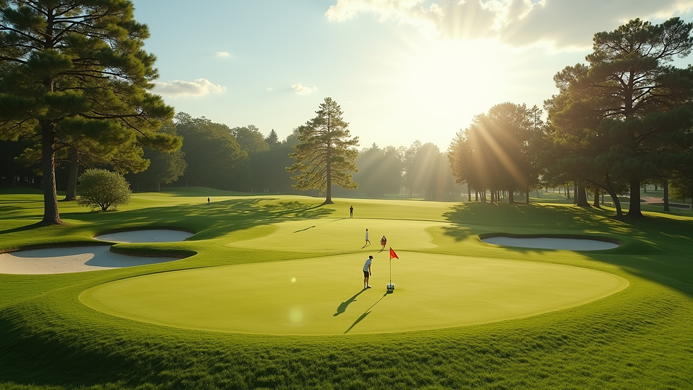 Wide angle view of a golf course with players enjoying a sunny day