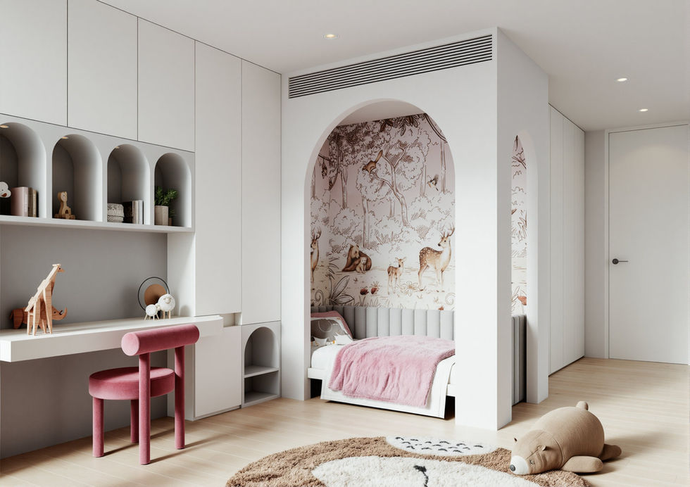 Custom kids bedroom 3D rendering featuring arched joinery and soft neutral tones.
