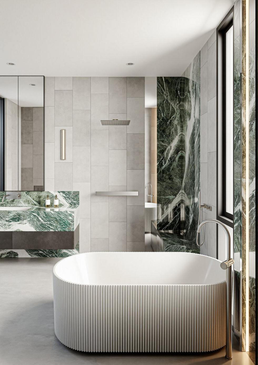 Modern master ensuite render with freestanding bathtub and natural stone wall features.