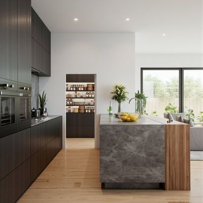 Interior 3D architectural visualization of a modern kitchen with marble island and timber accents in Melbourne.
