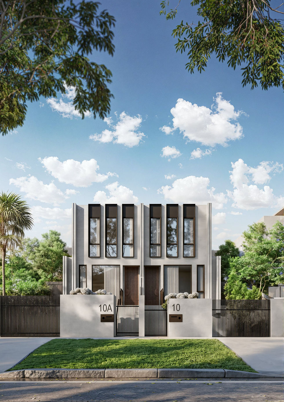 full view of modern dual-occupancy architectural visualization Melbourne front facade rendering.