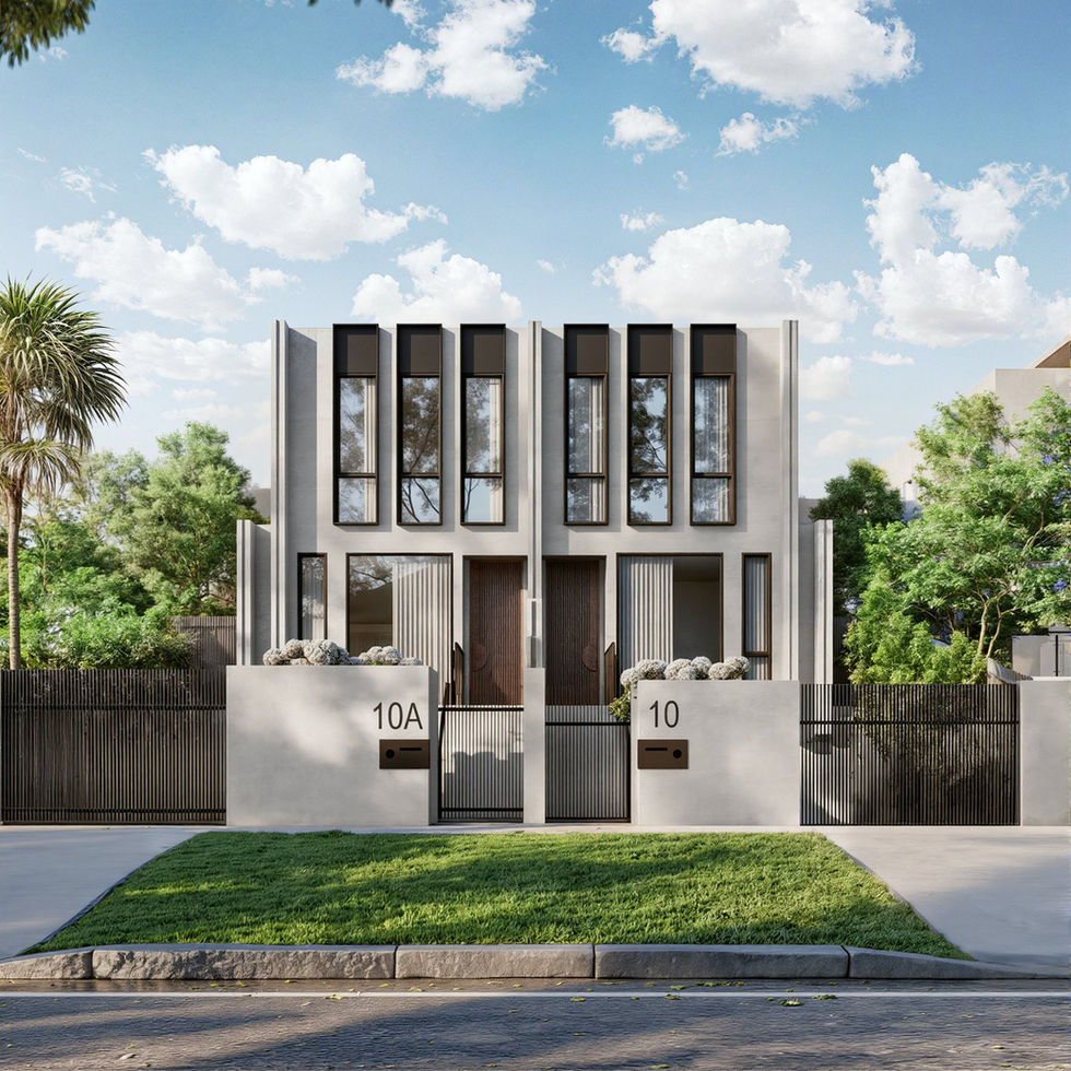 close of modern dual-occupancy architectural visualization Melbourne front facade rendering.