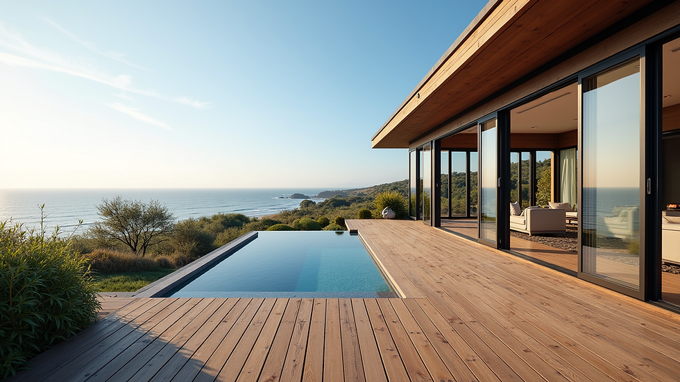 Wide angle view of a newly built wooden deck with coastal landscaping