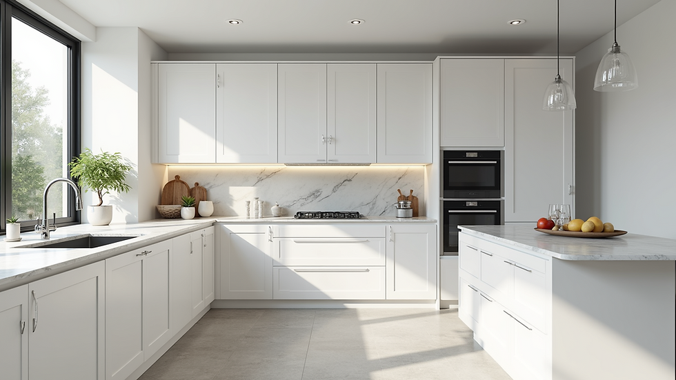 Eye-level view of modern kitchen with white cabinets and marble countertops