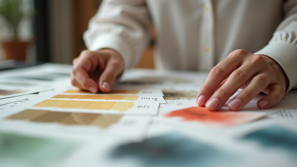 Close-up view of hands selecting paint swatches for home interior