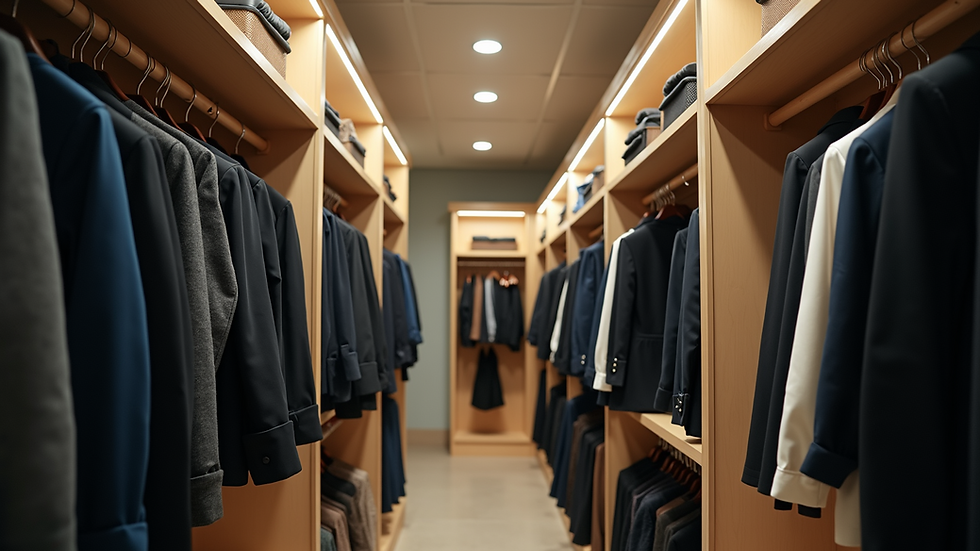 Eye-level view of a small closet with double hanging rods and organized shelves