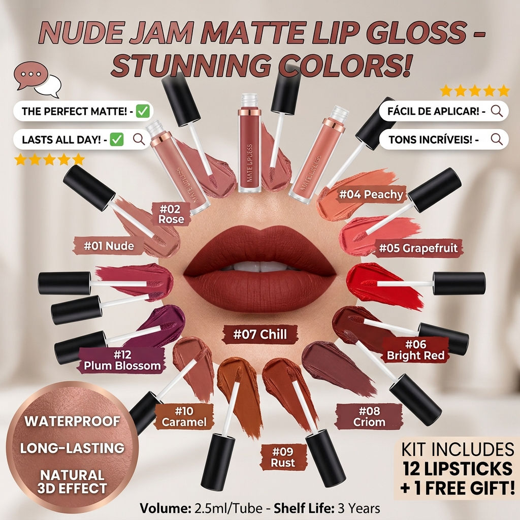 12-Color Matte Lip Gloss in Nude Shades