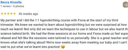 5_ review from couple after private 1-1 antenatal hypnobirthing course Frimley Green Surre