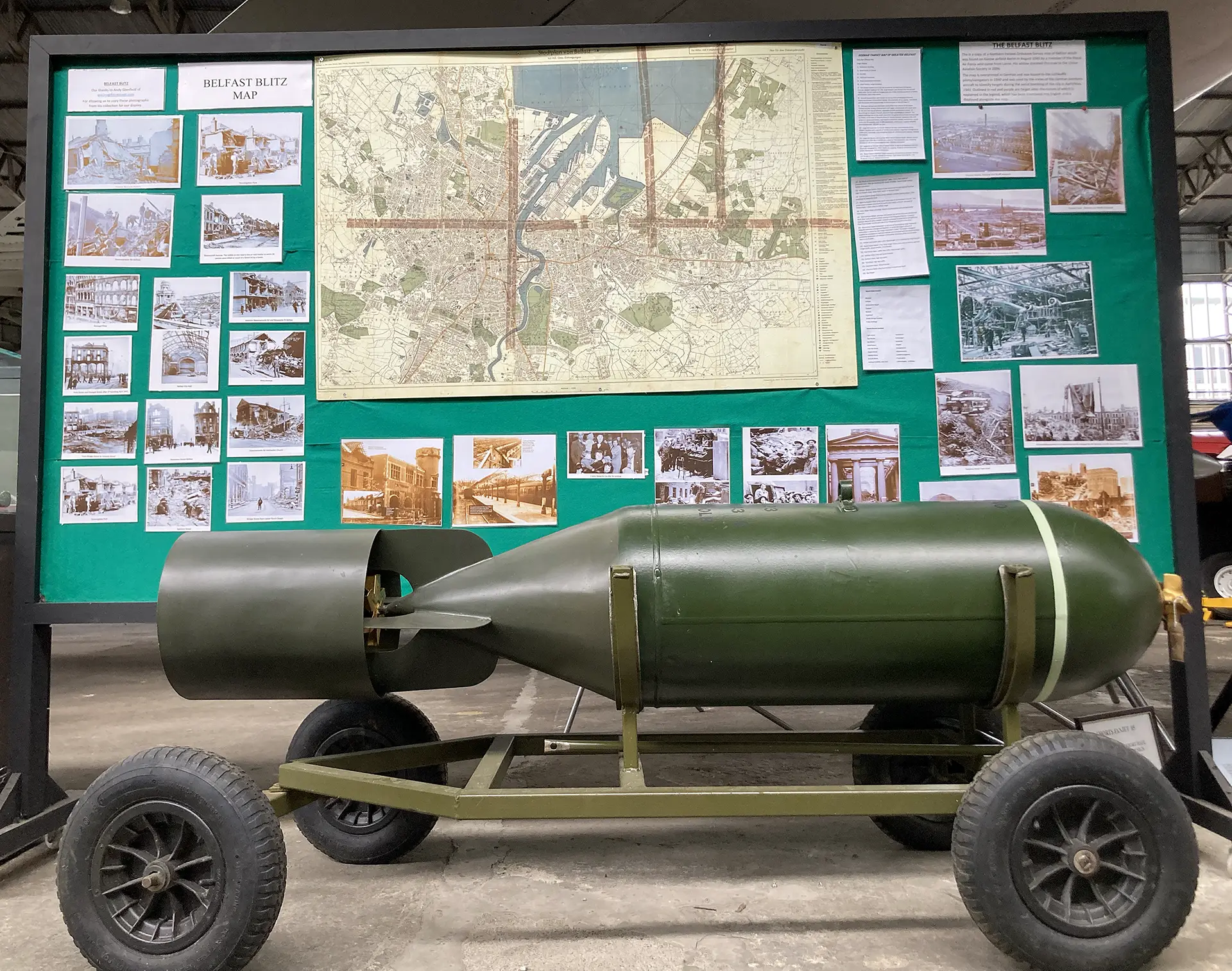Belfast Blitz and Replica Heavy Bomb outside the Ernie Cromie Second World War Room at the Ulster Aviation Society