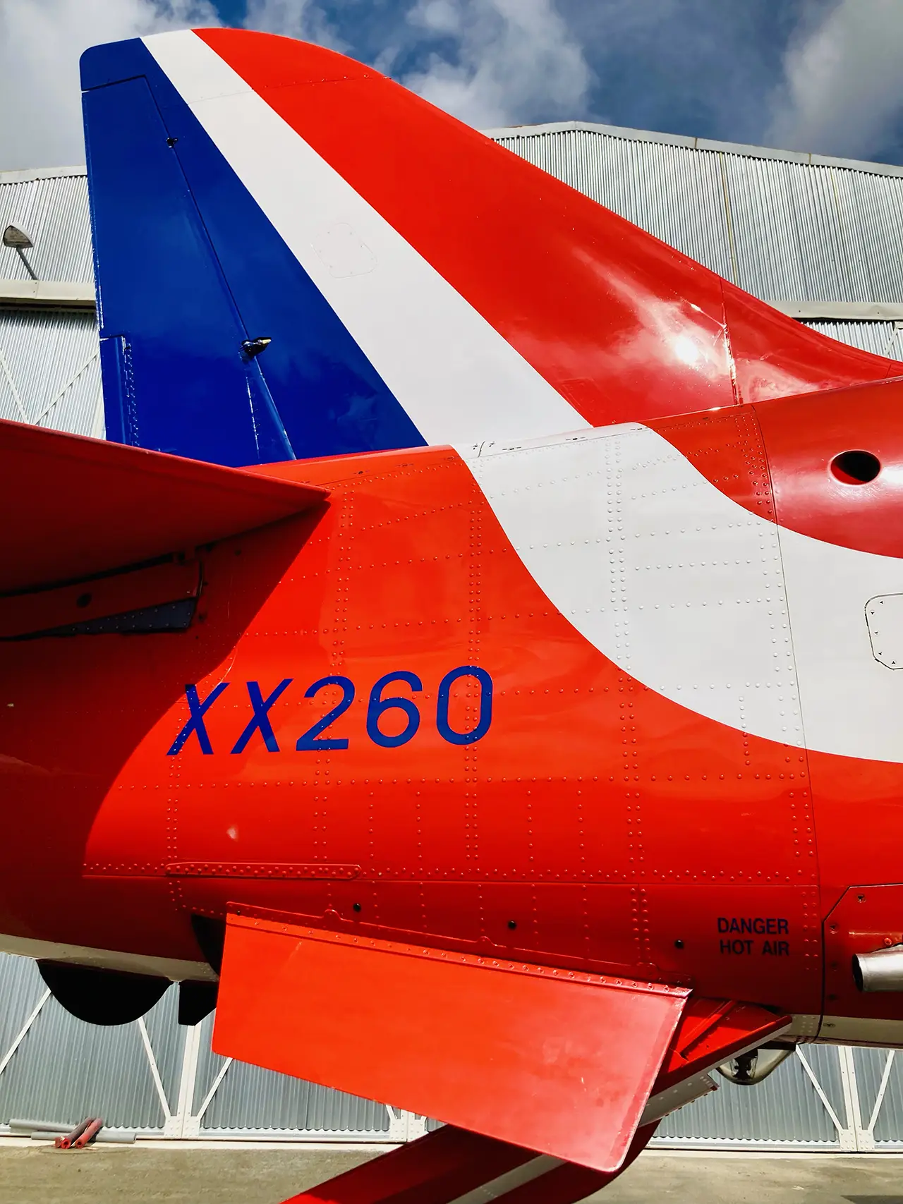 Tail section of Red Arrows Hawk T1A XX260 outside hangar 2 at the Ulster Aviation Society