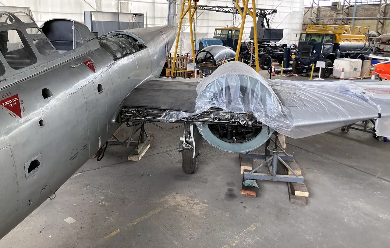 Mid-section of the Gloster Meteor T.7 WA634 has been joined with the cockpit section at the UAS