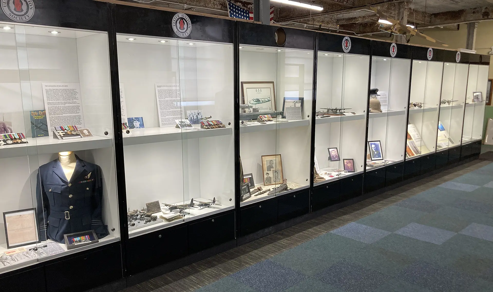 Display cabinets in the Ernie Cromie Second World War Room at the Ulster Aviation Society