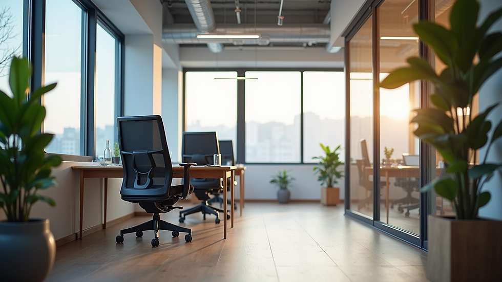 Vista de oficina moderna y personalizada con muebles ergonómicos