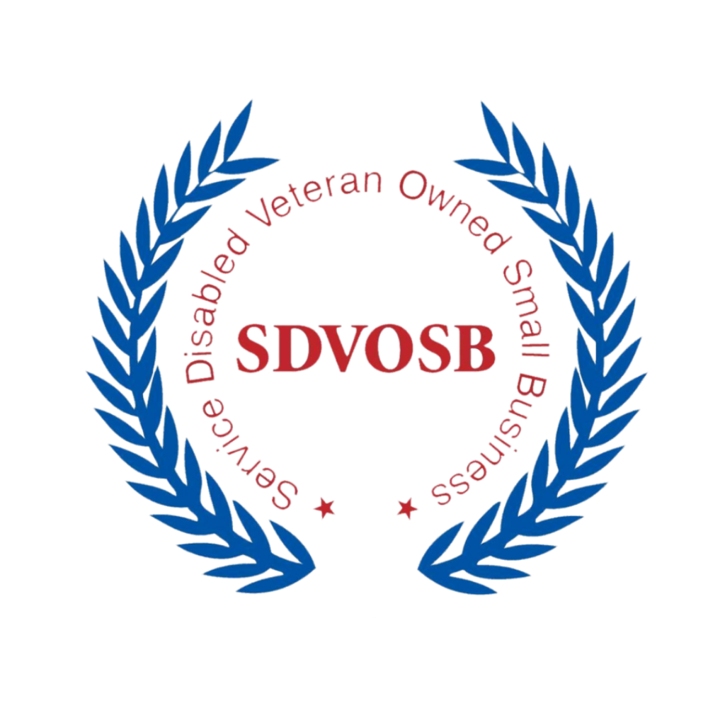 Service-Disabled Veteran-Owned Small Business (SDVOSB) certification badge featuring a blue laurel wreath surrounding a red shield with the text "SDVOSB" and circular lettering reading "Service Disabled Veteran Owned Small Business."