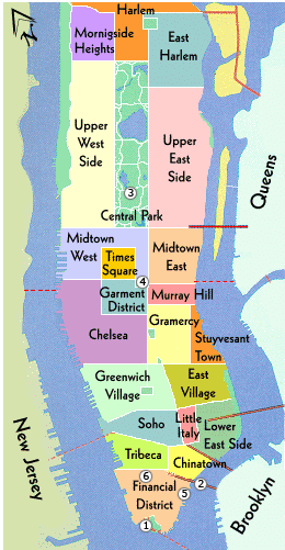 Map of Manhattan Neighbourhoods (courtesy of NYCTourist.com)