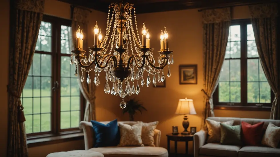 Eye-level view of a vintage chandelier hanging over a cozy reading nook
