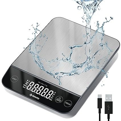 Digital kitchen scale with USB rechargeable feature, showcasing a splash-proof design for easy cleaning.