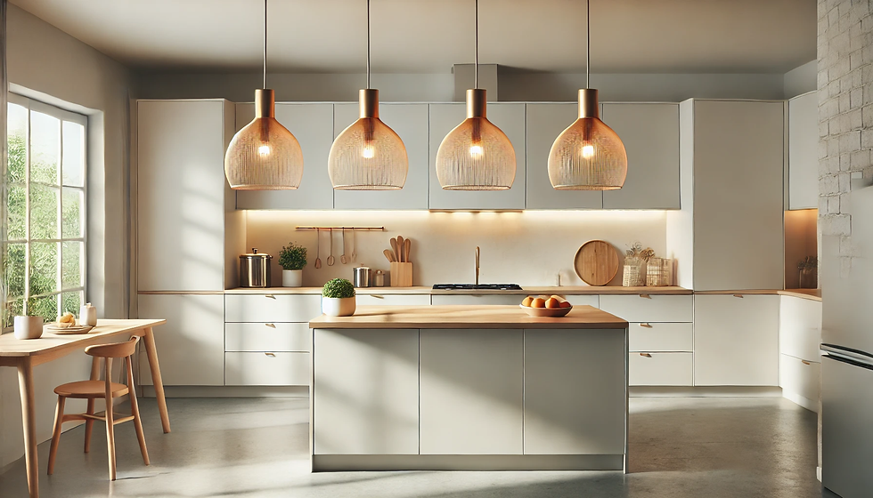 Modern kitchen with minimalist lighting and elegant pendant lamps illuminating a sleek space.
