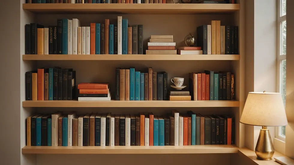 High angle view of a wall-mounted shelf displaying books and decorative items