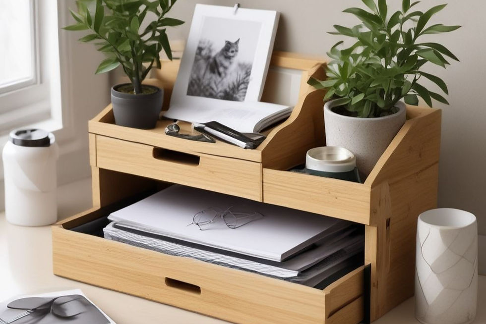Bamboo desk organizer elegantly holds office essentials, plants, and photos, blending functionality with style for a tidy workspace.