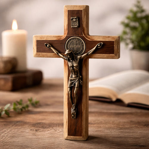 Miniatura: Crucifixo de Parede - Cruz de Madeira e Jesus em Metal com Medalha de São Bento