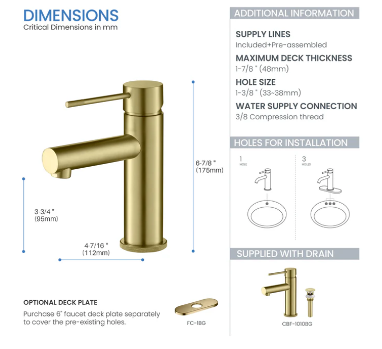 Verona Single Handle Bathroom Vanity Sink Faucet with Pop Up Drain - CBF-1010