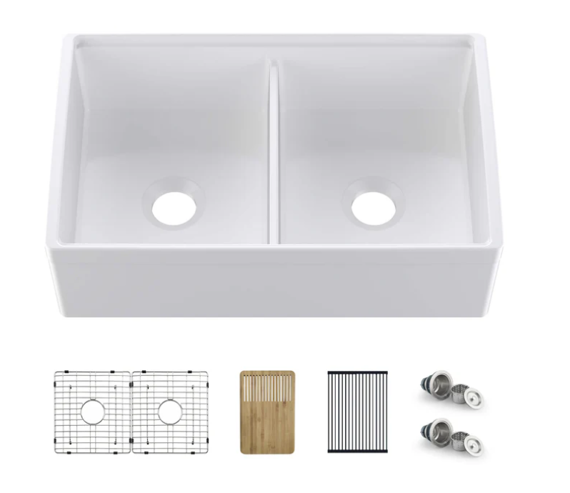 Thumbnail: 33" Fireclay Double Bowl Farmhouse Kitchen Workstation Sink - C2-33DFT