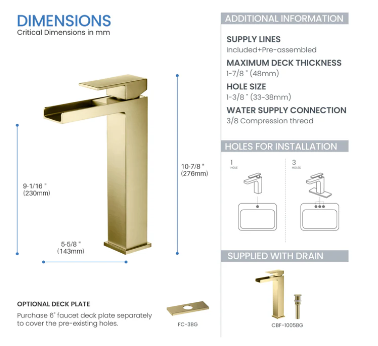 Quadra Waterfall Single Handle Bathroom Vessel Sink Faucet with Pop Up Drain - C