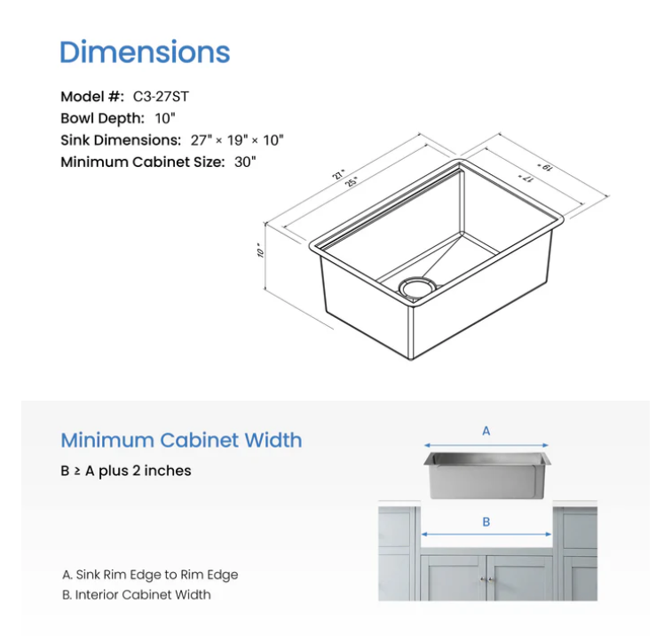 Thumbnail: 27" Handcrafted 316 Marine Grade Stainless Steel Single Bowl Workstation Undermo
