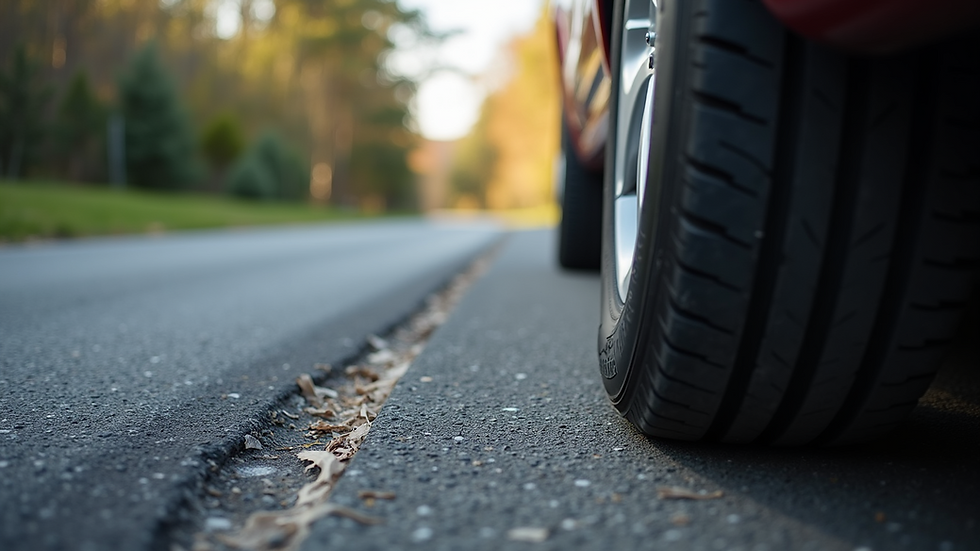 Eye-level view of a car tyre with visible tread pattern on a driveway