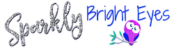 Sparkly Bright Eyes logo- Sparkly in fancy silver letters, Bright Eyes in Blue lettering, a purple and blue owl with big eyes