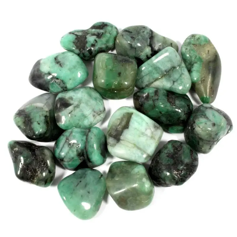 Emerald tumblestone with black velvet pouch and information card