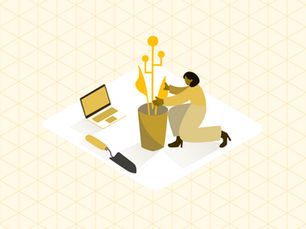 Stylized person kneels to arrange a potted plant be side a laptop and garden trowel on a pale geometric background.
