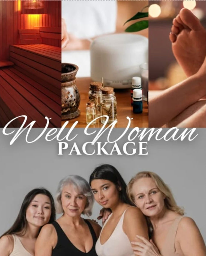 "Experience holistic self-care with the Well Woman Package, featuring relaxation in our LED sauna, rejuvenating aromatherapy, soothing massages, and embracing diverse beauty and wellness for women of all ages."
