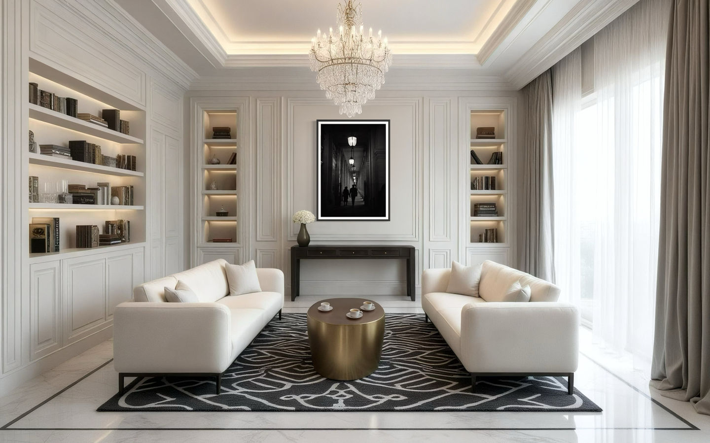 'Light The Path' artwork displayed in an elegant living room with white panel walls, built-in shelves, and a grand chandelier. The framed photograph of a couple walking under glowing lanterns adds a timeless touch to the sophisticated space. 