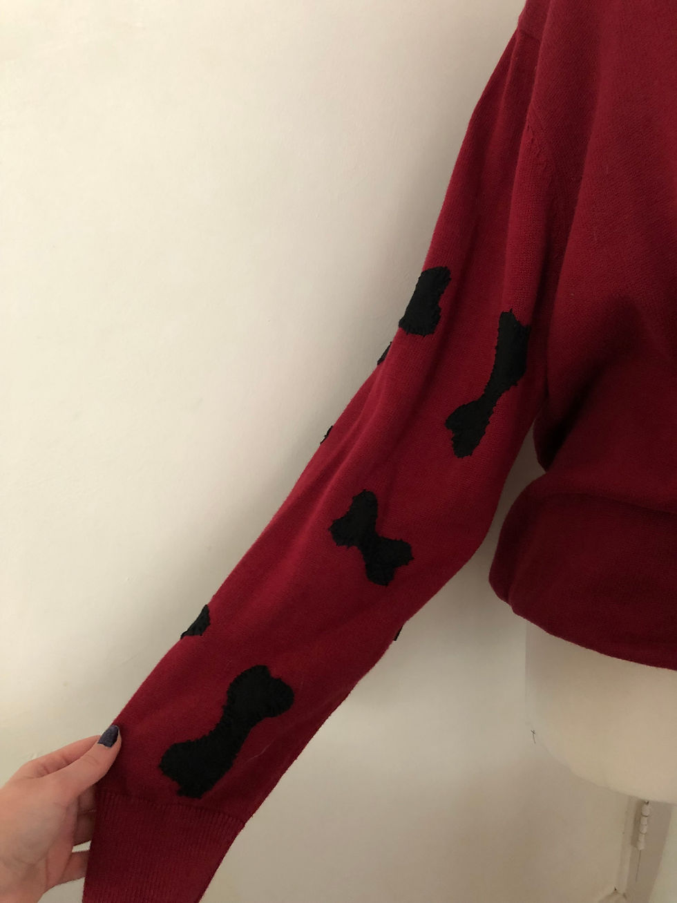 Thumbnail: contrast stitch red scatter bones jumper