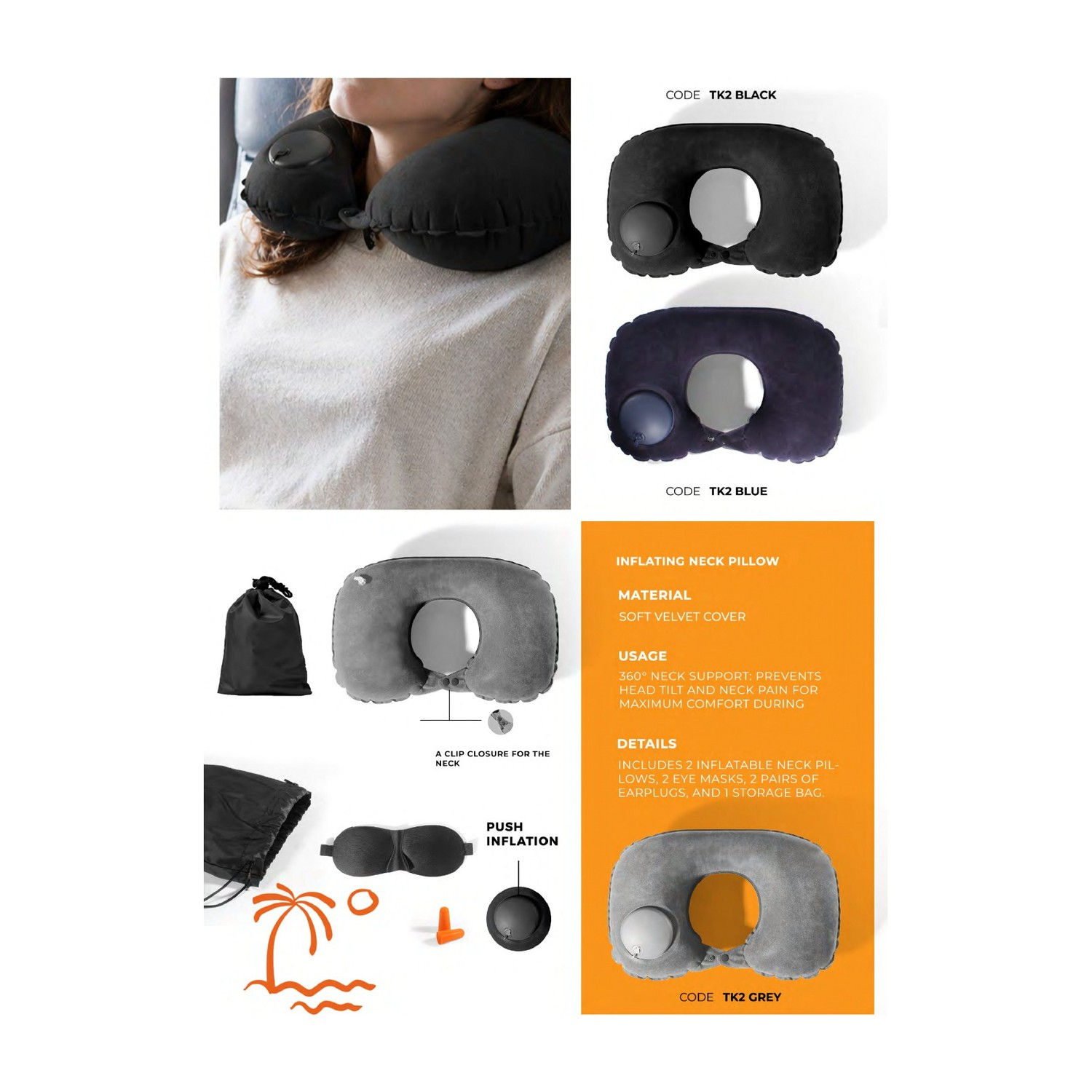 SUM26-TK2-BLK -- Inflatable Travel Neck Pillow