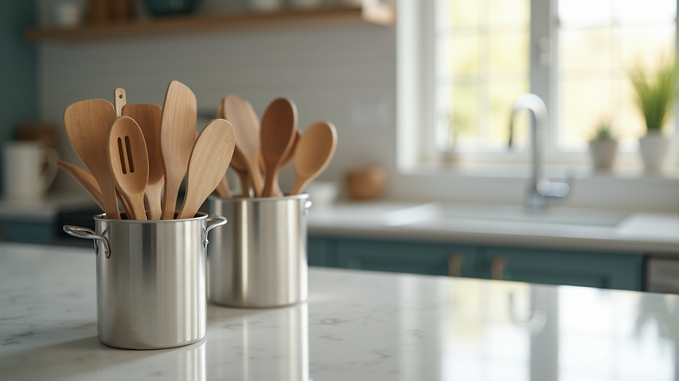 Close-up view of a sparkling clean kitchen countertop with organized utensils