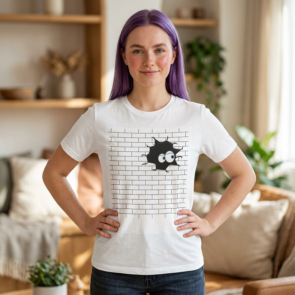 Thumbnail: Model wearing a White "Eye See You" Brick Wall Graphic Unisex T-Shirt Bella+Canvas 3001