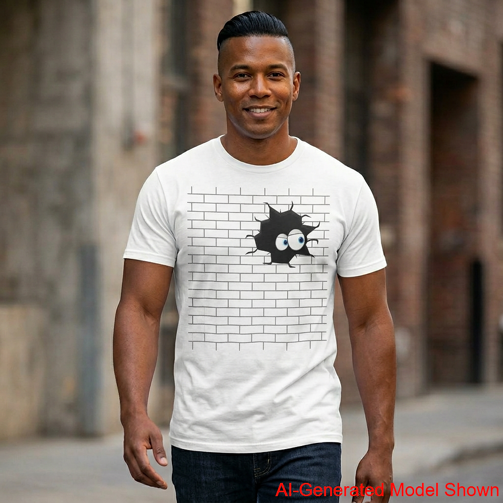 Model wearing a White "Eye See You" Brick Wall Graphic Unisex T-Shirt Bella+Canvas 3001