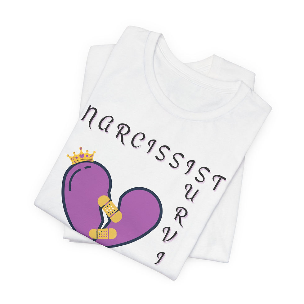 Thumbnail: Flat Lay of a White Narcissist Survivor Heart Graphic Unisex T-Shirt Bella+Canvas 3001.