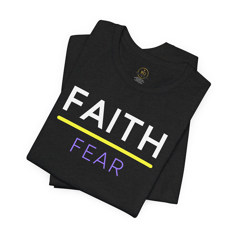 Thumbnail: Flat lay of the black Faith Over Fear Graphic Unisex T-Shirt by Royal Tees Grace on a white background.