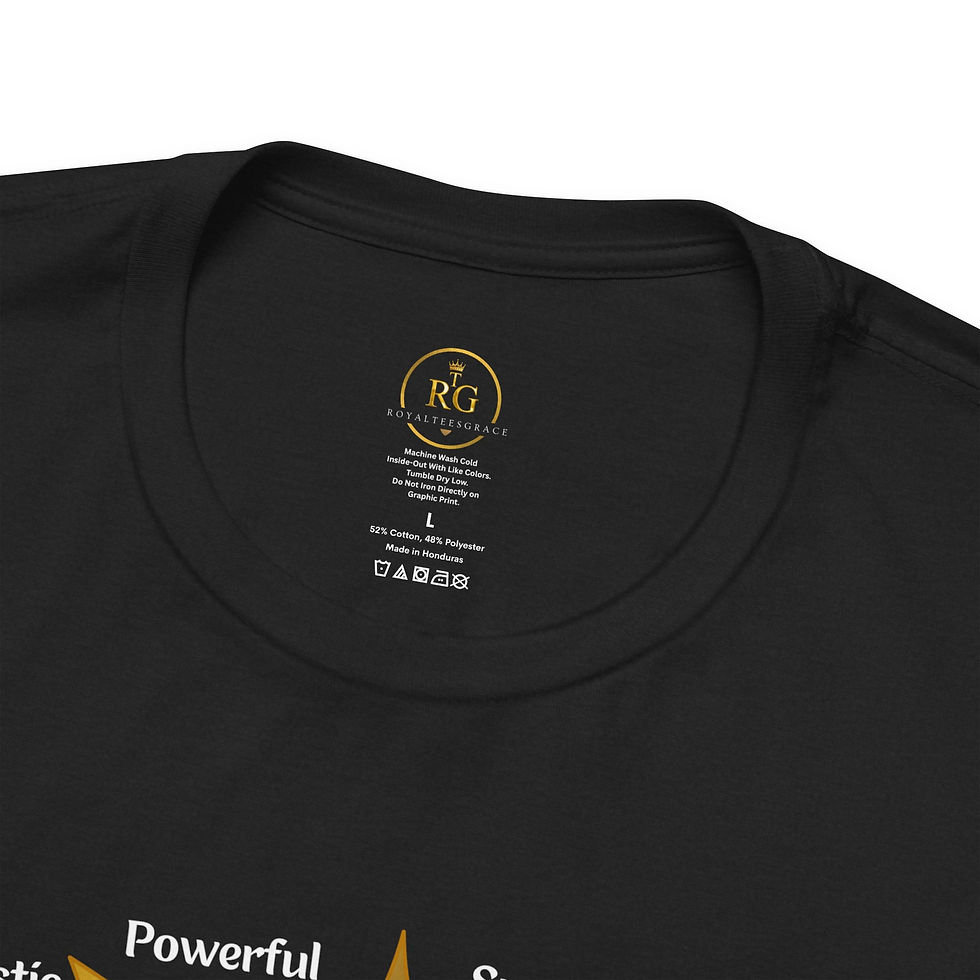 Thumbnail: Close up of the custom inner neck label on the black Majestic Crown Affirmations Graphic Unisex T-Shirt by Royal Tees Grace.