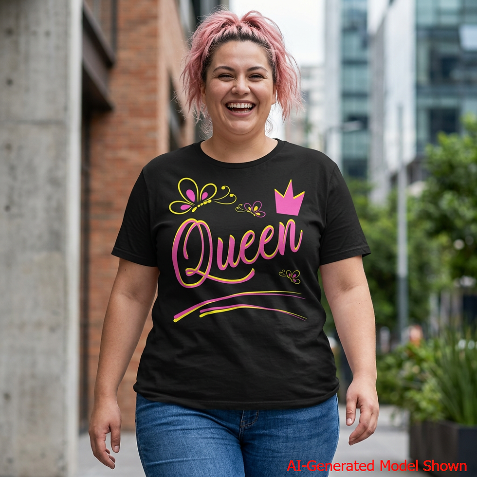 Model wearing the black Queen Butterflies Crown Graphic Unisex T-Shirt by Royal Tees Grace.