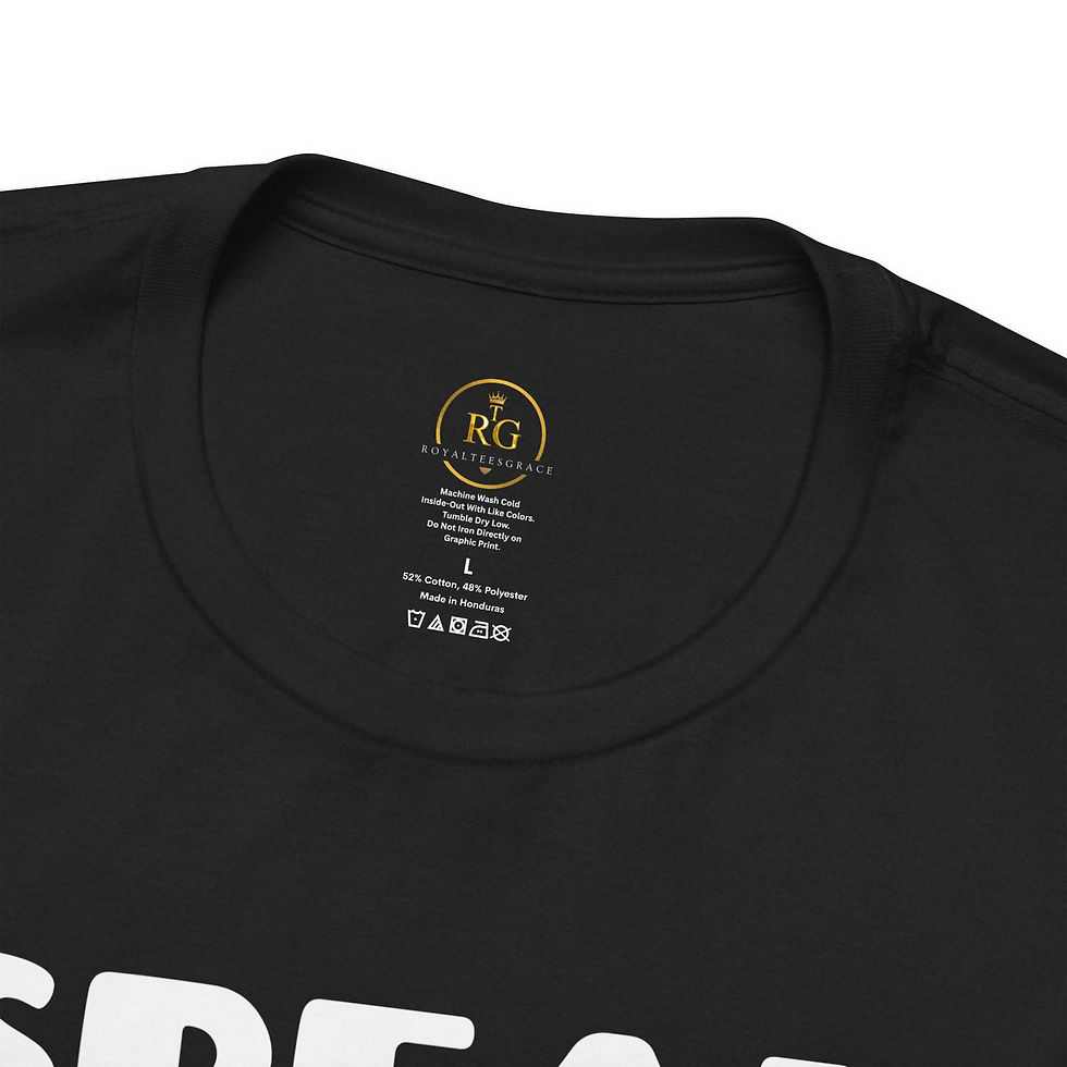Thumbnail: Close up of the custom inner neck label on the black Speak Life Heartbeat Graphic Unisex T-Shirt by Royal Tees Grace.