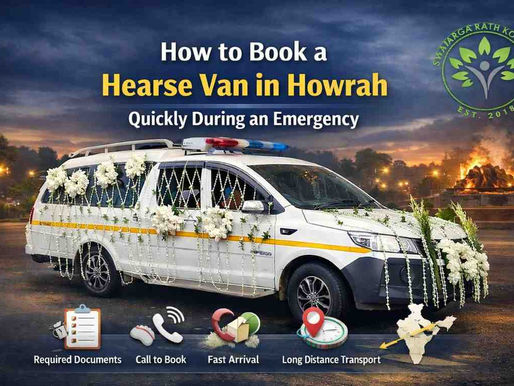 Hero image showing a decorated hearse van of Swarga Rath Kolkata on a city road with infographic text explaining how to book a hearse van in Howrah quickly during an emergency, featuring funeral transport icons and the Swarga Rath Kolkata logo.